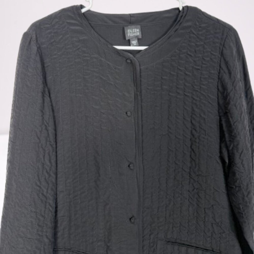 Eileen Fisher Crushed Silk Quilted Short Jacket Size M Black - Picture 2 of 10